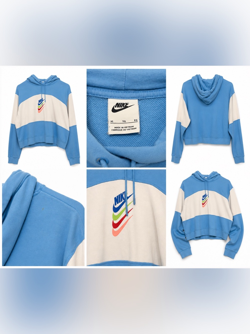 Nike Blue & White Color Block Cropped Hoodie Swoosh Logo Women’s XL